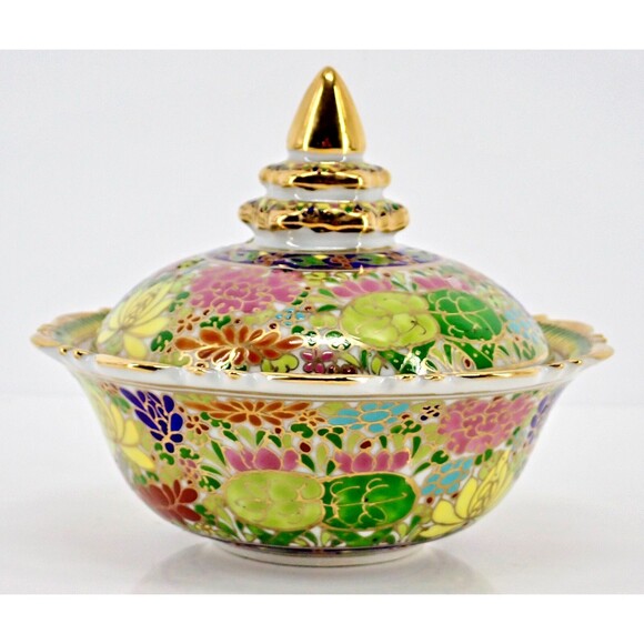 Hand Thai Painted Gold Tone Pottery BENJARONG Porcelain Cup & Lid Cloisonné 4.5" - Picture 14 of 14